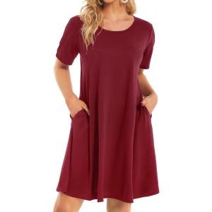 image:imageWomens Summer Dresses Beach Casual Loose Tshirt Floral Short Sleeve Flowy Pockets SundressesDark Red