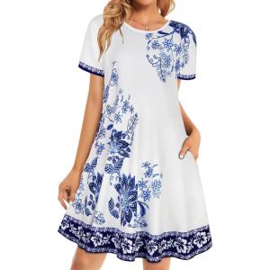 image:imageWomens Summer Dresses Beach Casual Loose Tshirt Floral Short Sleeve Flowy Pockets SundressesWhite Mediumblue Floral
