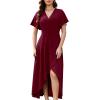 image:imageWEACZZY Women V Neck Ruffle Sleeve Maxi Dresses Split Elegant Wrap Ruffle Wedding Guest Dress Elegant Casual DressesA Wine Red