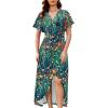 image:imageWEACZZY Women V Neck Ruffle Sleeve Maxi Dresses Split Elegant Wrap Ruffle Wedding Guest Dress Elegant Casual DressesGreen Garden