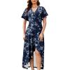 image:imageWEACZZY Women V Neck Ruffle Sleeve Maxi Dresses Split Elegant Wrap Ruffle Wedding Guest Dress Elegant Casual DressesWhite Flower Navy