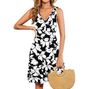 image:imageWEACZZY Summer Dresses for Women V Neck Wrap Sundress Sleeveless Flowy Tank Dress Beach Holiday Sundresses with PocketsSketch White Black