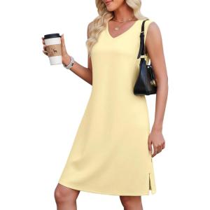 image:imageWEACZZY Women Summer V Neck Sleeveless Dress Casual Loose Vacation Sundress Elegant with Split Beach DressesBeige