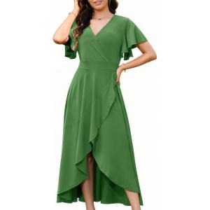 image:imageWEACZZY Women V Neck Ruffle Sleeve Maxi Dresses Split Elegant Wrap Ruffle Wedding Guest Dress Elegant Casual DressesA Army Green