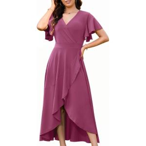 image:imageWEACZZY Women V Neck Ruffle Sleeve Maxi Dresses Split Elegant Wrap Ruffle Wedding Guest Dress Elegant Casual DressesA Mauve