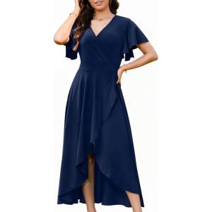 image:imageWEACZZY Women V Neck Ruffle Sleeve Maxi Dresses Split Elegant Wrap Ruffle Wedding Guest Dress Elegant Casual DressesA Navy Blue