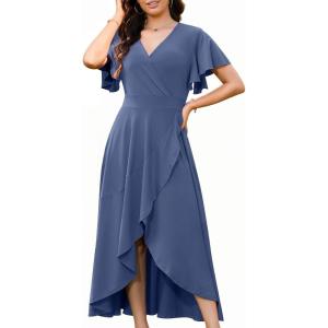 image:imageWEACZZY Women V Neck Ruffle Sleeve Maxi Dresses Split Elegant Wrap Ruffle Wedding Guest Dress Elegant Casual DressesA Purple Gray