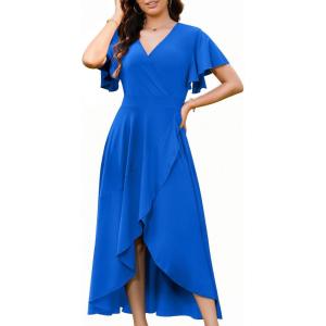 image:imageWEACZZY Women V Neck Ruffle Sleeve Maxi Dresses Split Elegant Wrap Ruffle Wedding Guest Dress Elegant Casual DressesA Royal Blue