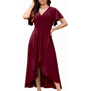 image:imageWEACZZY Women V Neck Ruffle Sleeve Maxi Dresses Split Elegant Wrap Ruffle Wedding Guest Dress Elegant Casual DressesA Wine Red