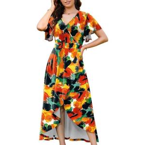 image:imageWEACZZY Women V Neck Ruffle Sleeve Maxi Dresses Split Elegant Wrap Ruffle Wedding Guest Dress Elegant Casual DressesAbstract Flowers