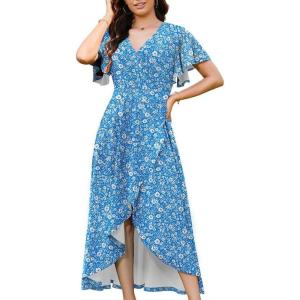 image:imageWEACZZY Women V Neck Ruffle Sleeve Maxi Dresses Split Elegant Wrap Ruffle Wedding Guest Dress Elegant Casual DressesBlue Daisy
