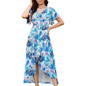 image:imageWEACZZY Women V Neck Ruffle Sleeve Maxi Dresses Split Elegant Wrap Ruffle Wedding Guest Dress Elegant Casual DressesBlue Rainforest