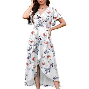 image:imageWEACZZY Women V Neck Ruffle Sleeve Maxi Dresses Split Elegant Wrap Ruffle Wedding Guest Dress Elegant Casual DressesGray Leaved Peony