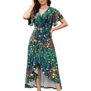 image:imageWEACZZY Women V Neck Ruffle Sleeve Maxi Dresses Split Elegant Wrap Ruffle Wedding Guest Dress Elegant Casual DressesGreen Garden