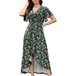 image:imageWEACZZY Women V Neck Ruffle Sleeve Maxi Dresses Split Elegant Wrap Ruffle Wedding Guest Dress Elegant Casual DressesGreen Gladiolus