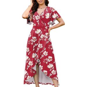 image:imageWEACZZY Women V Neck Ruffle Sleeve Maxi Dresses Split Elegant Wrap Ruffle Wedding Guest Dress Elegant Casual DressesRed and White Flower