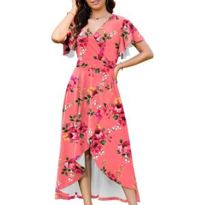 image:imageWEACZZY Women V Neck Ruffle Sleeve Maxi Dresses Split Elegant Wrap Ruffle Wedding Guest Dress Elegant Casual DressesSugar Pink