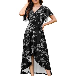 image:imageWEACZZY Women V Neck Ruffle Sleeve Maxi Dresses Split Elegant Wrap Ruffle Wedding Guest Dress Elegant Casual DressesWhite Flower Black