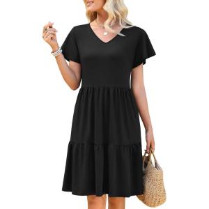 image:imageWEACZZY Womens Casual Summer Dress V Neck Ruffle Sleeve A Line Dresses Flowy with Pockets 2026Black