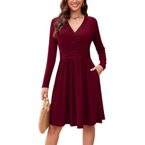 image:imageWEACZZY Womens Long Sleeve Casual Fall Dresses VNeck Swing Floral Party Dress with Pockets 202603 Wine Red