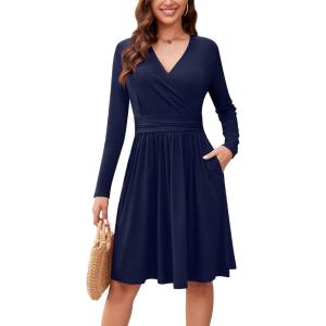 image:imageWEACZZY Womens Long Sleeve Casual Fall Dresses VNeck Swing Floral Party Dress with Pockets 2026A Navy Blue