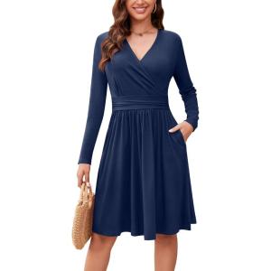 image:imageWEACZZY Womens Long Sleeve Casual Fall Dresses VNeck Swing Floral Party Dress with Pockets 2026A Purple Gray