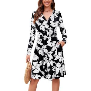 image:imageWEACZZY Womens Long Sleeve Casual Fall Dresses VNeck Swing Floral Party Dress with Pockets 2026Sketch White Black