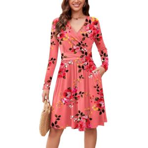 image:imageWEACZZY Womens Long Sleeve Casual Fall Dresses VNeck Swing Floral Party Dress with Pockets 2026Sugar Pink