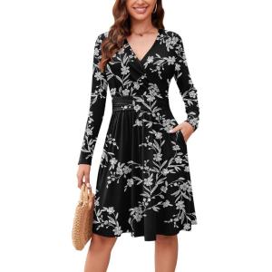 image:imageWEACZZY Womens Long Sleeve Casual Fall Dresses VNeck Swing Floral Party Dress with Pockets 2026White Flower Black