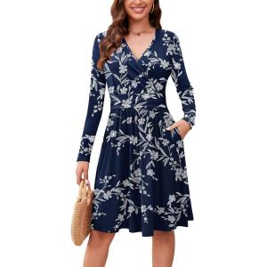 image:imageWEACZZY Womens Long Sleeve Casual Fall Dresses VNeck Swing Floral Party Dress with Pockets 2026White Flower Navy