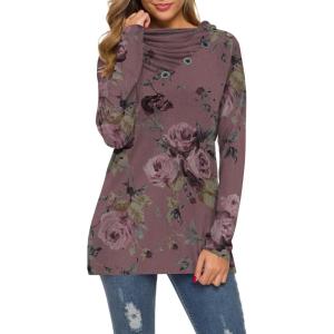 image:imageWEACZZY Womens Long Sleeve Shirts Button Cowl Neck Casual Loose Tunic Tops Blouse Dressy Fall Fashion 2026A Floral Red Bean