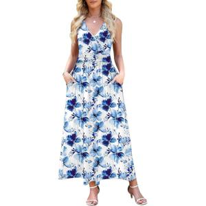 image:imageWEACZZY Womens Maxi Dress Sleeveless V Neck Sundress Cocktail Long Dresses with PocketsBlue Ink Flower