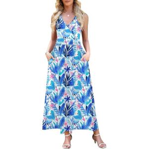 image:imageWEACZZY Womens Maxi Dress Sleeveless V Neck Sundress Cocktail Long Dresses with PocketsBlue Rainforest