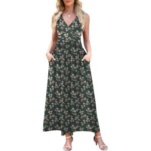 image:imageWEACZZY Womens Maxi Dress Sleeveless V Neck Sundress Cocktail Long Dresses with PocketsGreen Gladiolus