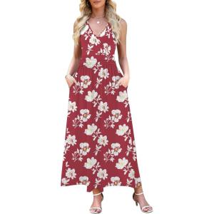 image:imageWEACZZY Womens Maxi Dress Sleeveless V Neck Sundress Cocktail Long Dresses with PocketsRed White Flower