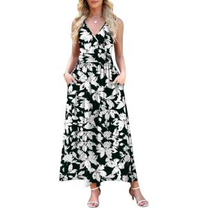 image:imageWEACZZY Womens Maxi Dress Sleeveless V Neck Sundress Cocktail Long Dresses with PocketsSketch White Black
