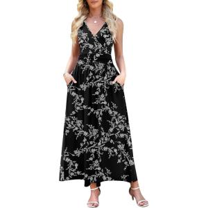 image:imageWEACZZY Womens Maxi Dress Sleeveless V Neck Sundress Cocktail Long Dresses with PocketsWhite Black