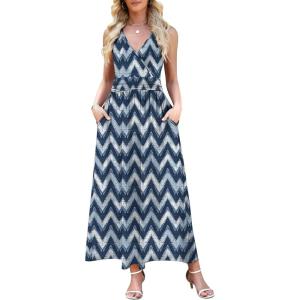 image:imageWEACZZY Womens Maxi Dress Sleeveless V Neck Sundress Cocktail Long Dresses with PocketsWhite Waves