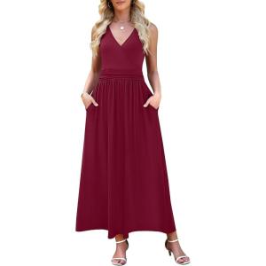 image:imageWEACZZY Womens Maxi Dress Sleeveless V Neck Sundress Cocktail Long Dresses with PocketsWine Red