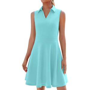 image:imageWEACZZY Womens Summer Dresses Casual Collared V Neck Mini Dress Sleeveless Tennis Golf Dress with PocketsLight Blue