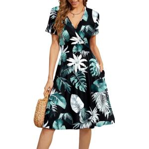 image:imageWEACZZY Womens Summer Short Sleeve Casual Dresses VNeck Floral Party Dress with PocketsGrbananaleaves