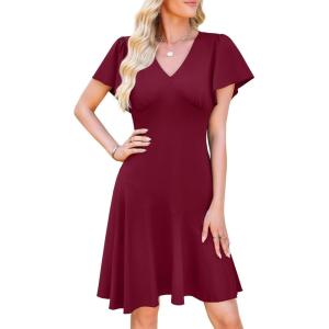 image:imageWEACZZY Casual Dresses for Women Flowy V Neck Ruffle Short Sleeves Flare Cocktail Party Dress Asymmetry Ruffle HemWine Red