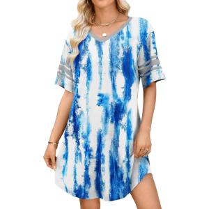 image:imageWEACZZY Nightgowns for Women Soft Sleep Shirt V Neck Short Sleeve Loungewear Loose Comfy NightShirtsBlue Tie Dye