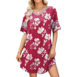 image:imageWEACZZY Nightgowns for Women Soft Sleep Shirt V Neck Short Sleeve Loungewear Loose Comfy NightShirtsRed White Flower