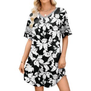 image:imageWEACZZY Nightgowns for Women Soft Sleep Shirt V Neck Short Sleeve Loungewear Loose Comfy NightShirtsSketch White Black