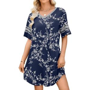 image:imageWEACZZY Nightgowns for Women Soft Sleep Shirt V Neck Short Sleeve Loungewear Loose Comfy NightShirtsWhite Navy