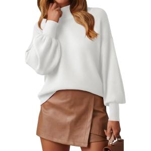 image:imageWEACZZY Womens 2026 Fall Fashion Casual Sweaters Mock Neck Long Lantern Sleeve Lightweight Knit Pullover Sweater Tops02 White