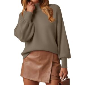 image:imageWEACZZY Womens 2026 Fall Fashion Casual Sweaters Mock Neck Long Lantern Sleeve Lightweight Knit Pullover Sweater Tops04camel