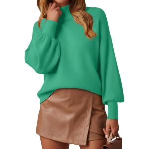 image:imageWEACZZY Womens 2026 Fall Fashion Casual Sweaters Mock Neck Long Lantern Sleeve Lightweight Knit Pullover Sweater TopsGrass Green