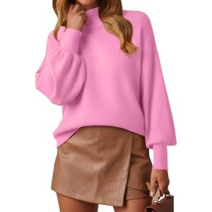 image:imageWEACZZY Womens 2026 Fall Fashion Casual Sweaters Mock Neck Long Lantern Sleeve Lightweight Knit Pullover Sweater TopsPink